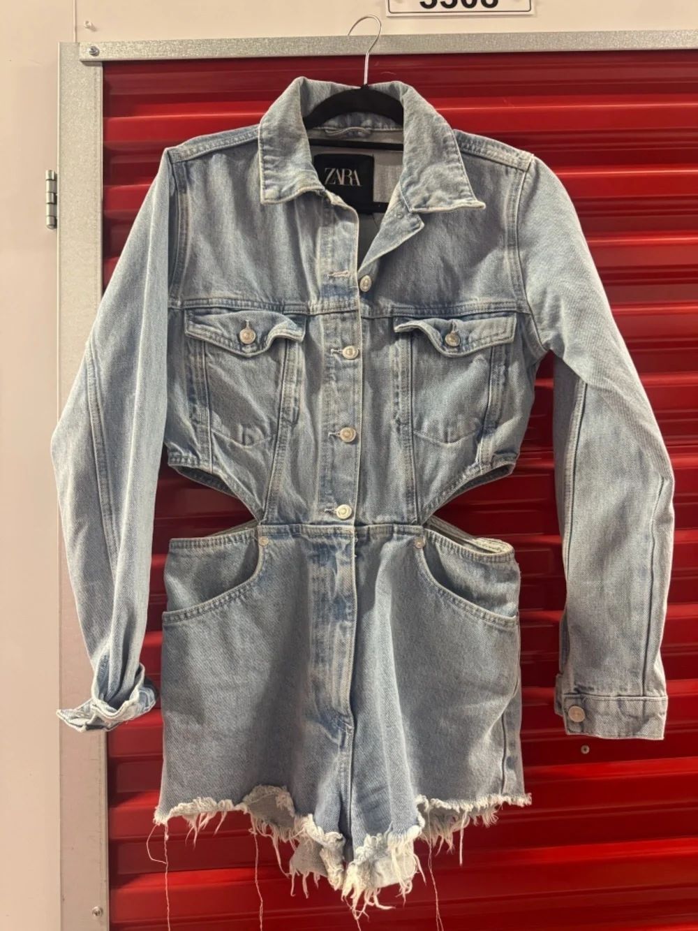 Blue Jean Cut Out Long Sleeve Romper - Shorts - Denim Outfit - ZARA Size Medium